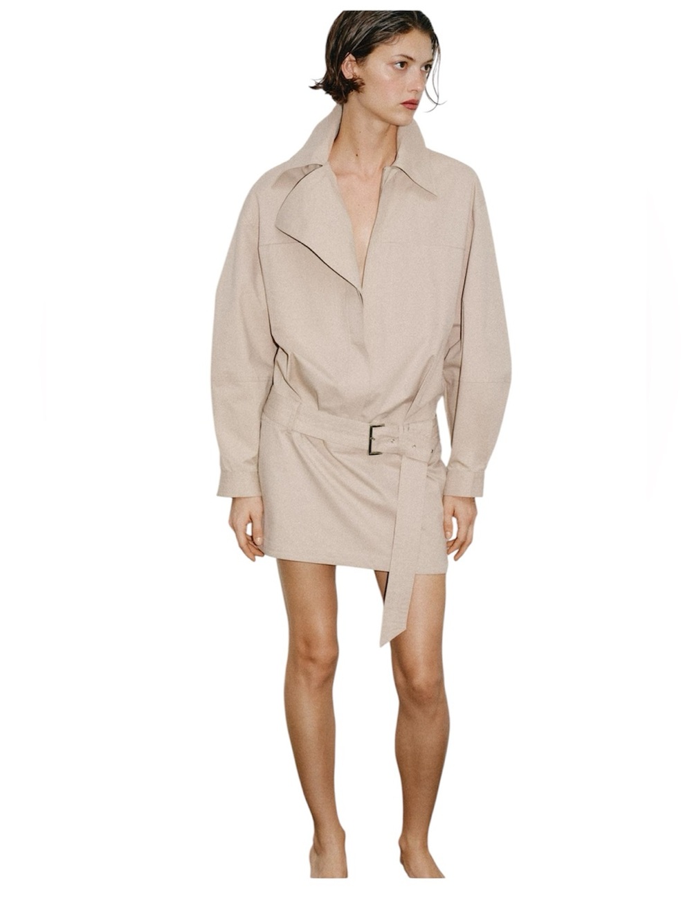 NEW Zara Khaki Beige Belted Shirt Dress size L